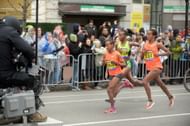 Buzunesh Deba at the 119th Boston Marathon.